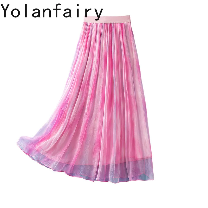 

YOLANFAIRY 100% натуральные шелковые юбки из тутового шелкопряда для женщин, весна-лето 2026, с эластичной талией, с принтом, элегантные, в корейском стиле