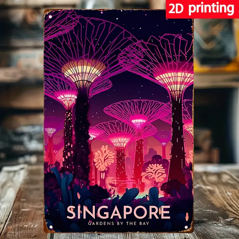 Vintage Singapore Gardens Metal Wall Art -  Waterproof Iron Sign with Vibrant Nighttime Mushroom Design, Rustic Home, Bar,Farmho