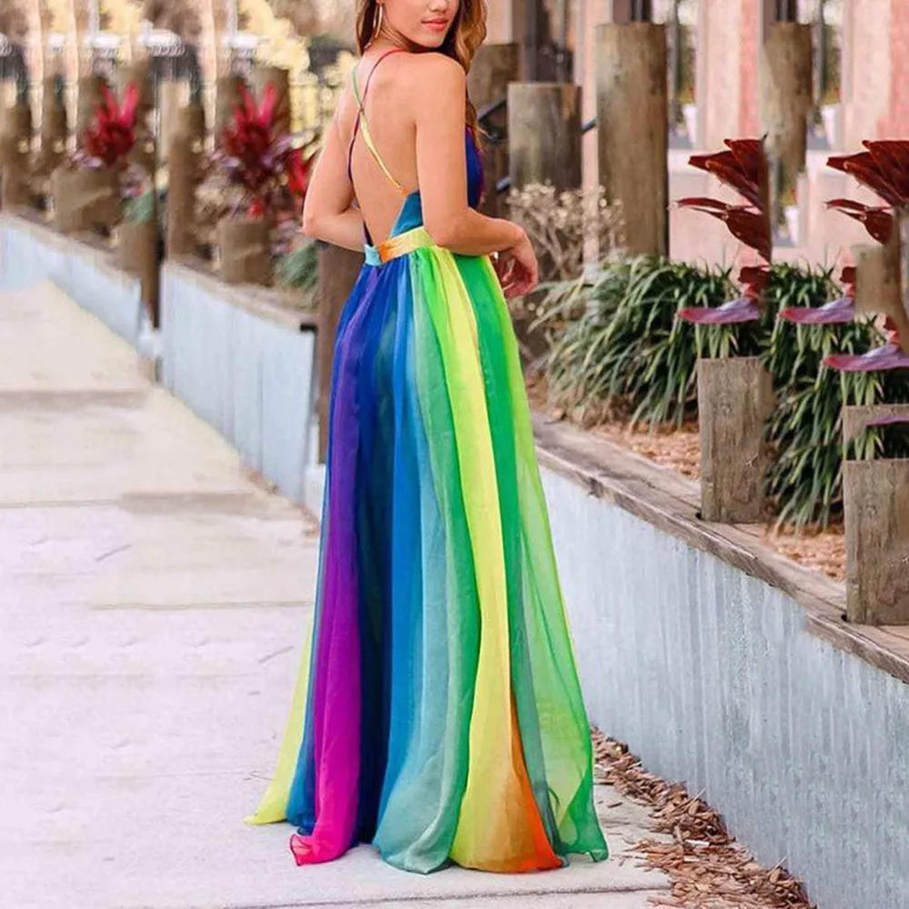 

A new sexy deep V rainbow chiffon halter dress for European and American women in Spring/Summer 2025