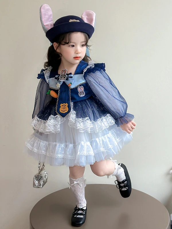 Spring Fashion Rabbit Police Officer Dress Girls Dress Baby Lovely Princess Skirt Children's Clothing Ethnic Stage Costume