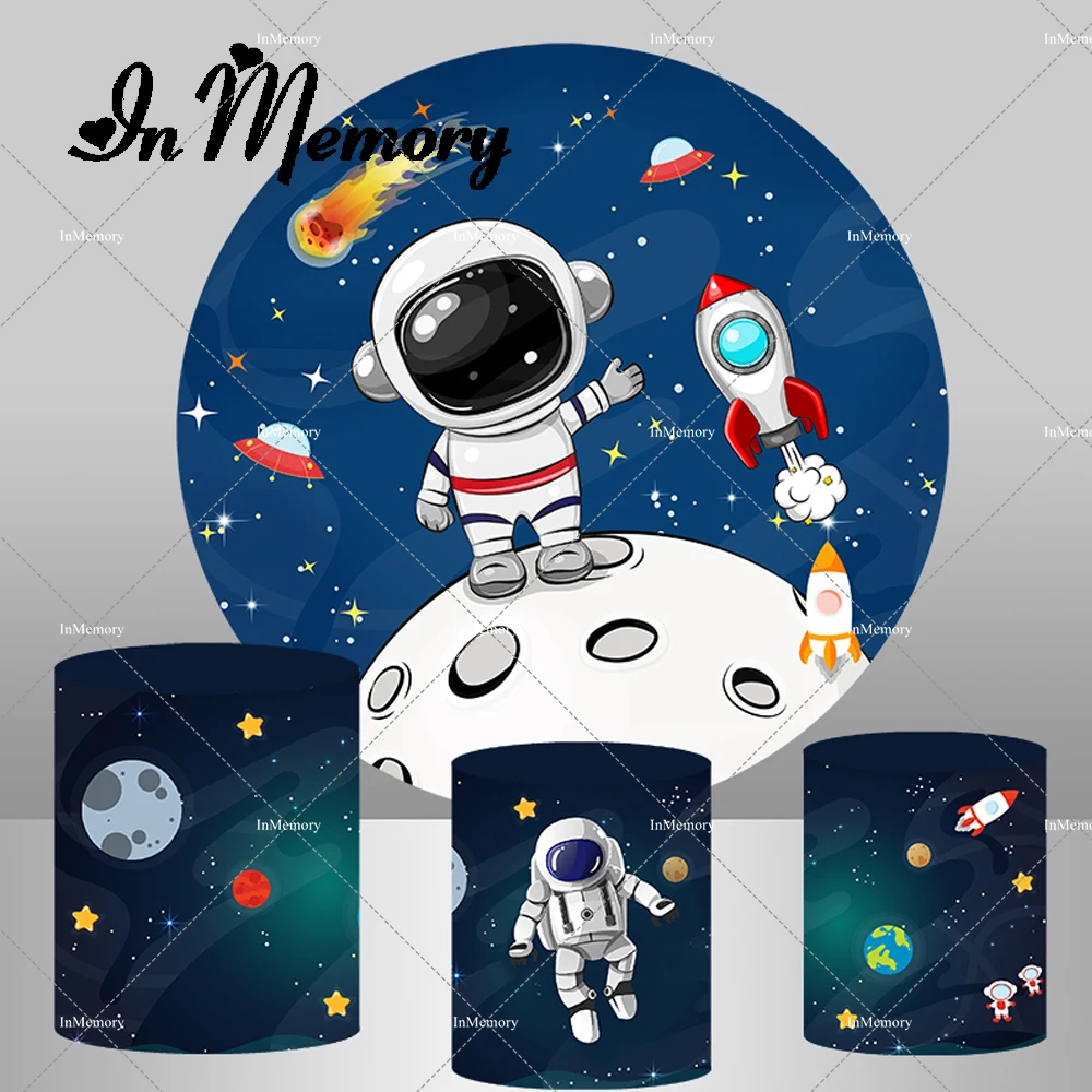 Universe Starry Sky Astronaut Round Backdrop Cover for Kids Birthday Party Dark Blue Outer Space Background Plinth Covers