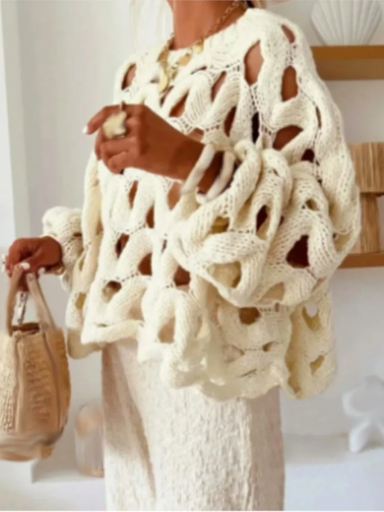 Fashion Hollow Out Sweater For Women Casual Long Sleeve O Neck Pullovers Knit Sweaters Tops Lady Holiday Women's Clothing New
