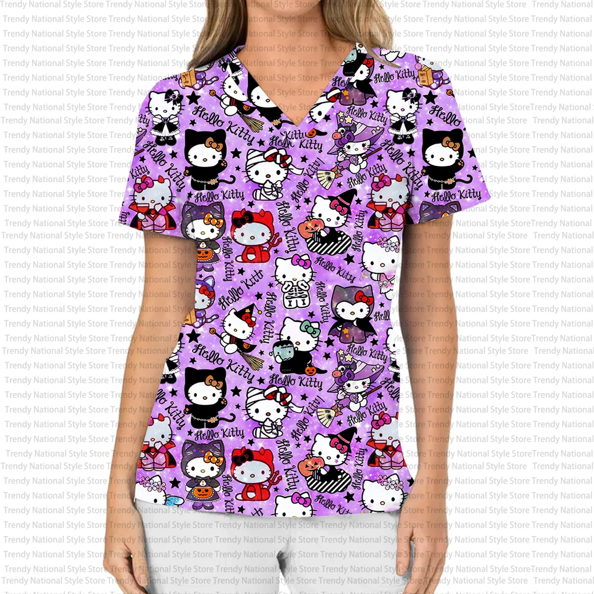 夏の新作レディースポケットフロストTシャツハローキティプリント歯科医美容ペットショップ作業服シンプルスタイル誕生日プレゼント