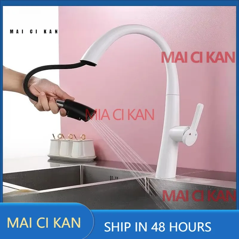 

Stainless steel white kitchen sink hot and cold retractable rotary pull hidden faucet