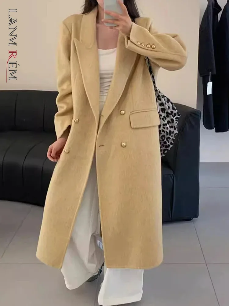 [LANMREM] Fashion Double Sided Woolen Coat Women\'s Notched Double Breasted Solid Color Casual Coats 2024 Autumn Winter New