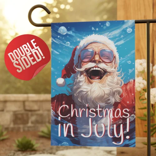 Christmas in July Garden Flag, Excited Santa Wearing Glasses Swimming, Gift Her