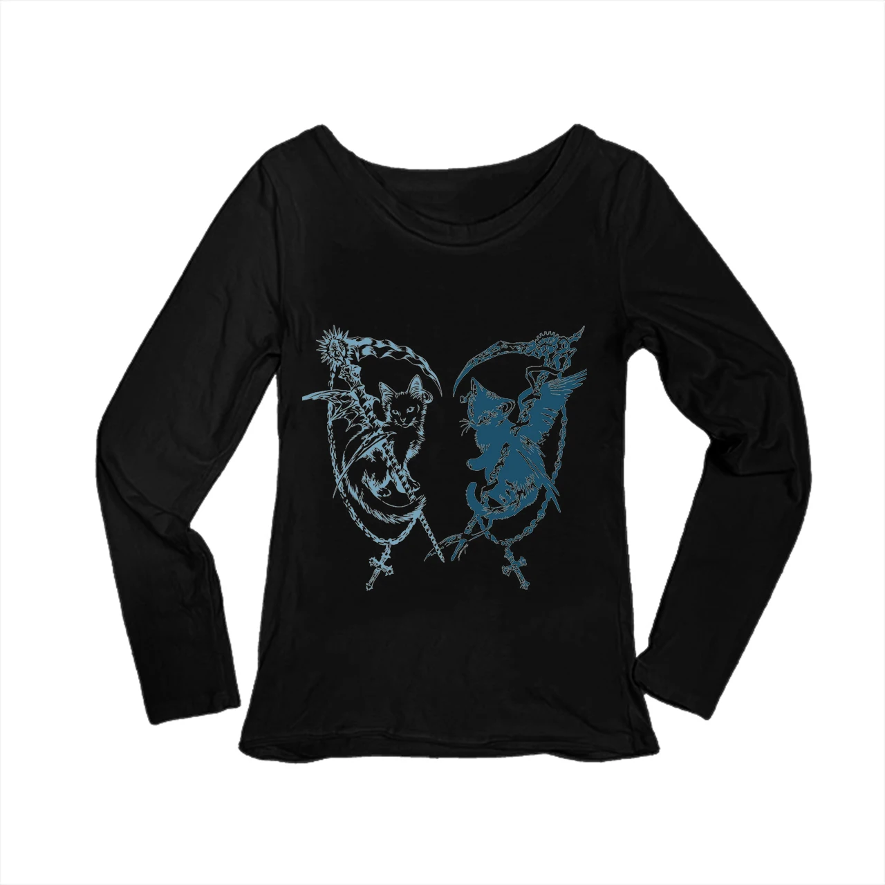Dark Gothic Angel Demon Kitten Print Women Long Sleeve T-Shirt Scythe Cross Chain Graphic O-neck Tee Female Streetwear Longsleev
