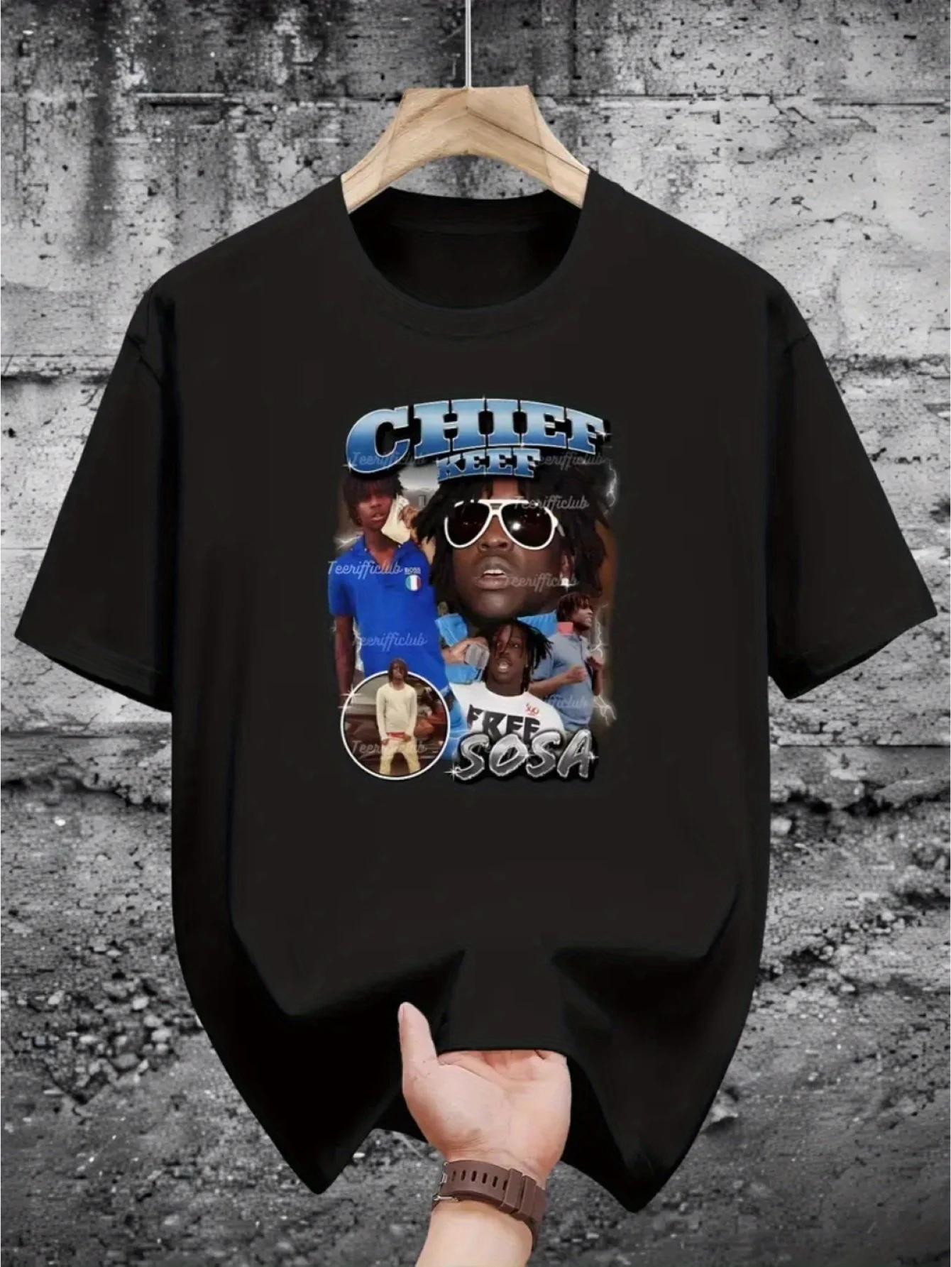 

Мужская футболка Chief Keef Sosa с рисунком — черная уличная футболка в стиле городского хип-хопа с жирным сине-белым принтом, удобная смесь, регу