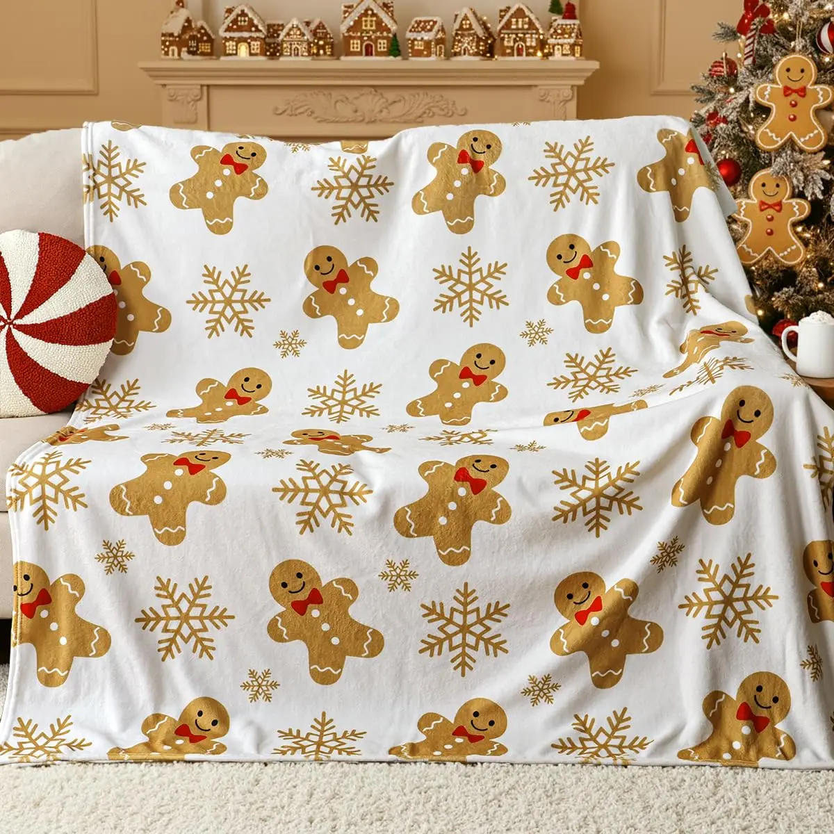 Flanell-Bettdecke mit Lebkuchenmann, leichte, gemütliche Weihnachtsdecke für Couch, Sofa, Bett, Wohnzimmer, Heimdekoration, Geschenke