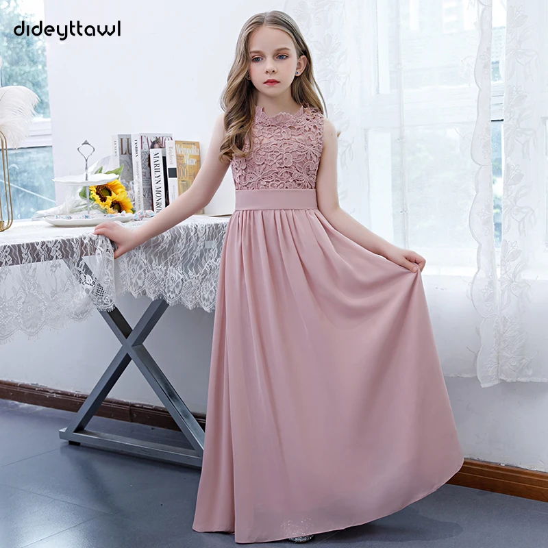 Dideyttawl Customized Dusty Rose Long Chiffon Flower Girl Dress Sleeveless Concert Junior Bridesmaid Dresses Girls Birthday Gown