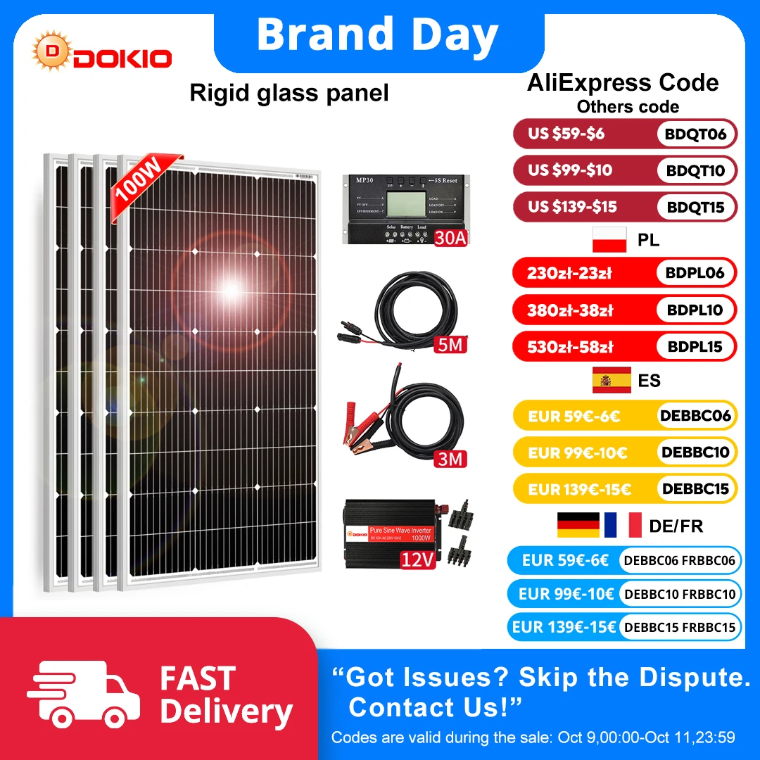 Dokio 18V 100W 200W 400W Wasserdichtes neues starres Solarpanel-Set mit Controller für die Heimladung von 12V Autobatterien, monokristallin, aus China