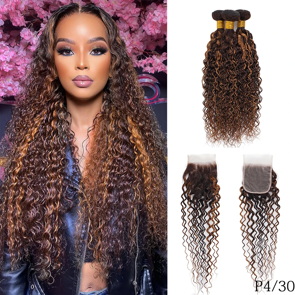

100% Human Hair Highlight Brown Curly Bundles With Closure Piano Honey Blonde Water Wave 2/3 Bundles With 4x4 Free Part Closure