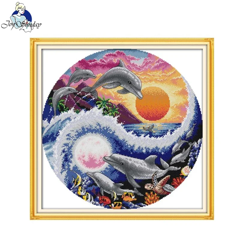 JoySunday Cross Stitch Kit DIY Dolphins Under The Setting Sun Pattern Printed for Putting in Desk 16CT Embroidery Needlework Set