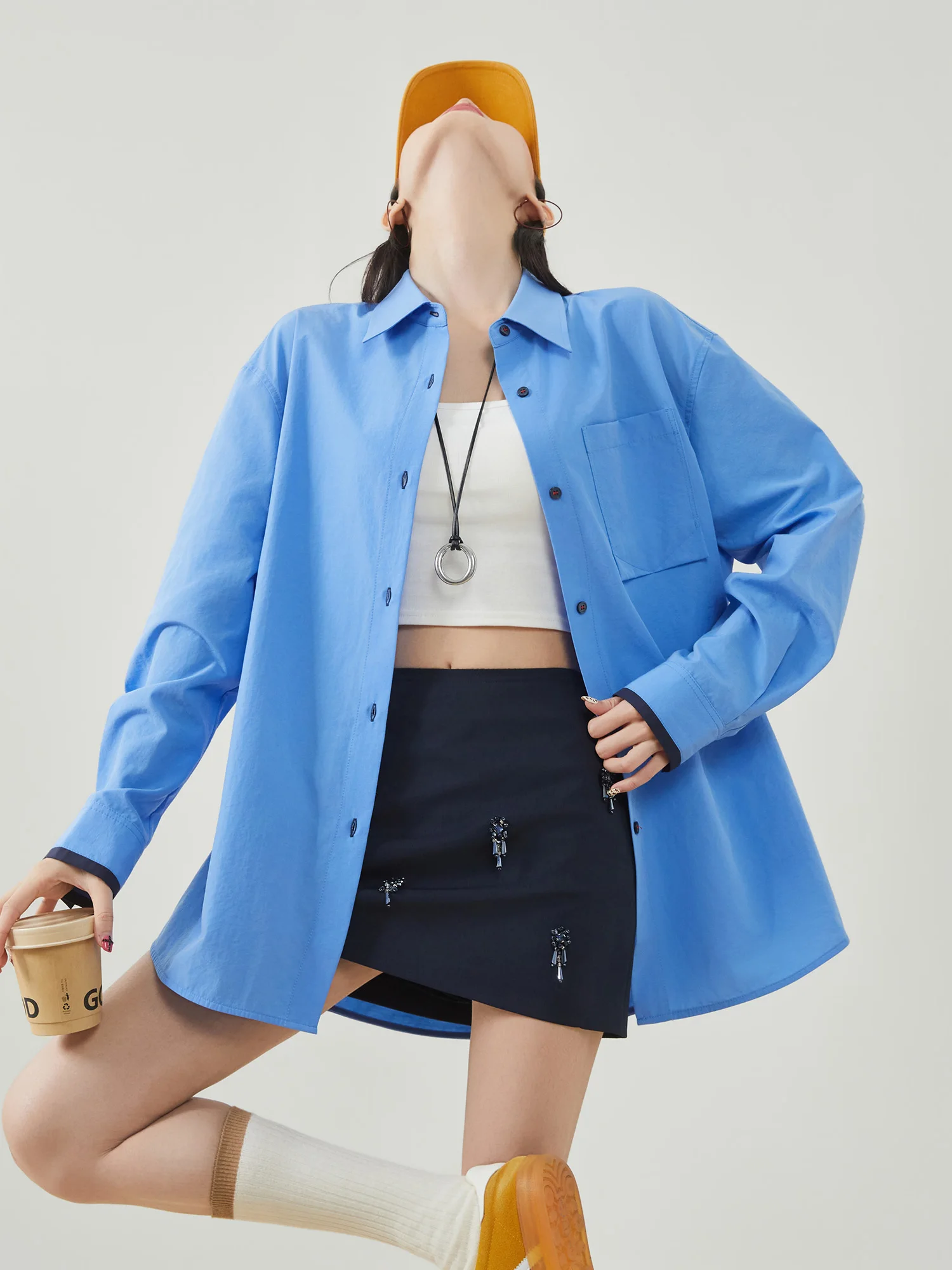 

Ретро-американское синее пальто с длинными рукавами для женщин, свободного кроя, в корейском стиле, универсальная верхняя одежда, модное пальто, повседневное, из полиэфирного волокна