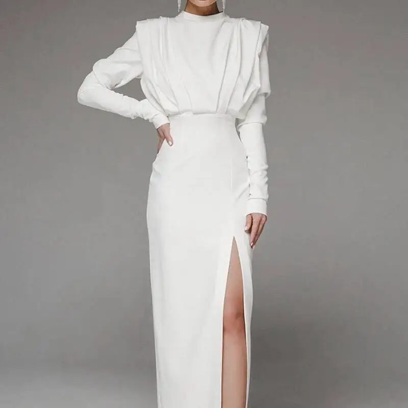 

Spring Summer Drsss Women Half High Collar Slit Dresses for Women Casual Long Sleeve Solid Long Abaya Party Evening Dress