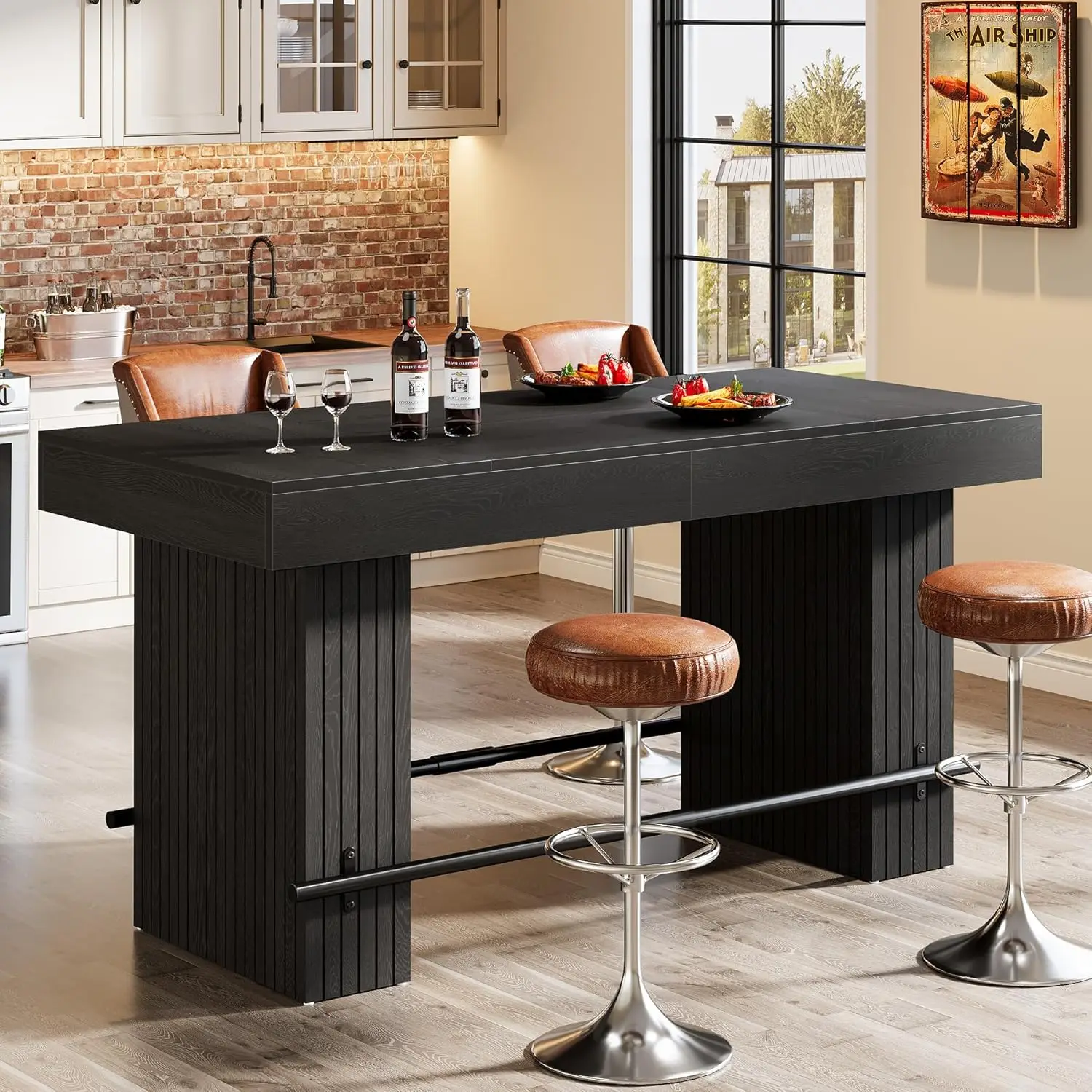 

62.2 Inch Bar Table, Industrial Counter Height Pub Dining Table, Rectangular Home Bar Units with Metal Footrest for Home Kitchen