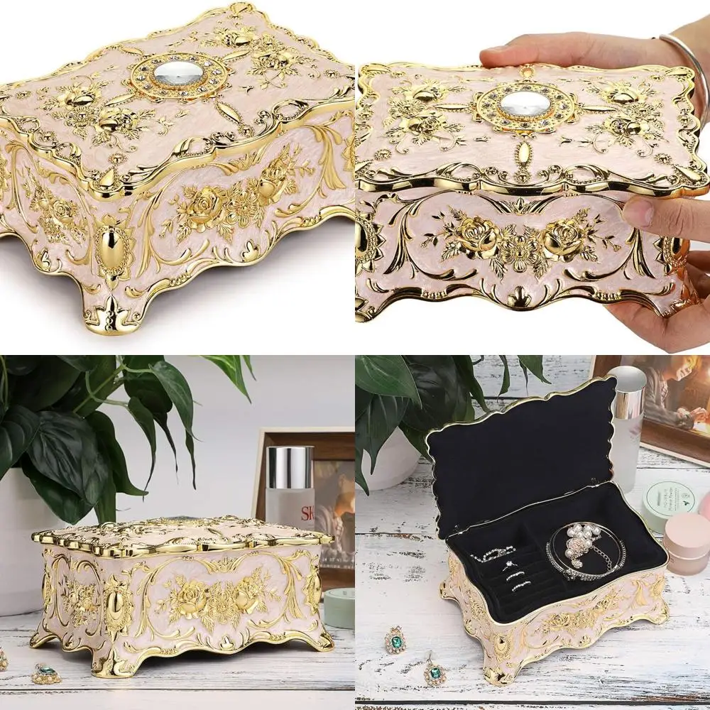 

Rectangular Vintage Metal Jewelry Box with 2 Layers, Ornate Treasure Chest for Women, 7x5x3 inches