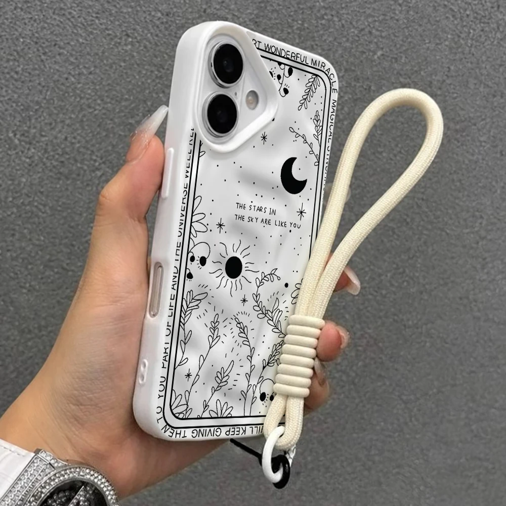 Retro-Muster Mond-Stern Falten-Silikon-Handyhülle für iPhone 17 15 13 11 12 14 16 17 Pro Max 14 15 Plus Air mit Lanyard-Abdeckung – Detail 6