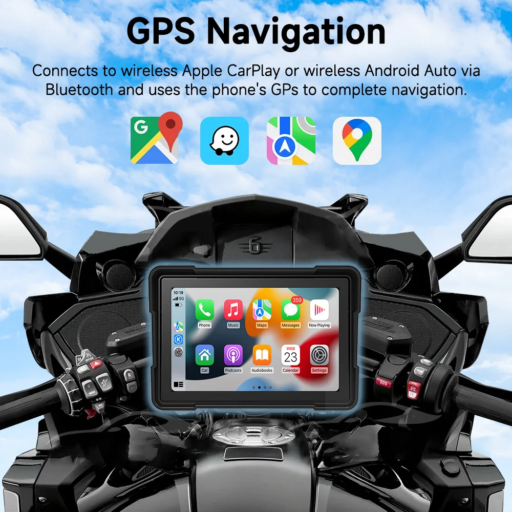 5/7 인치 오토바이 네비게이션 GPS 무선 카플레이 안드로이드 오토 멀티미디어 플레이어 IPX8 방수 범용 설치 용이