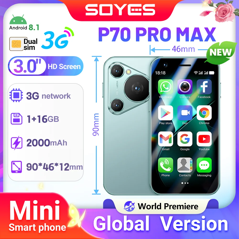 هاتف ذكي World Premiere SOYES P70 Pro Max Mini Android8.1 3.0 بوصة 16 جيجابايت 2000 مللي أمبير في الساعة معرف الوجه ثنائي الشريحة في وضع الاستعداد Play Store 3G