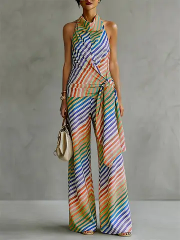 UOOZEE 2026 New Women Evening Contrast Color Striped Matching Set Sleeveless Backless Halter-Neck Vest Top & Palazzo Pants Sets