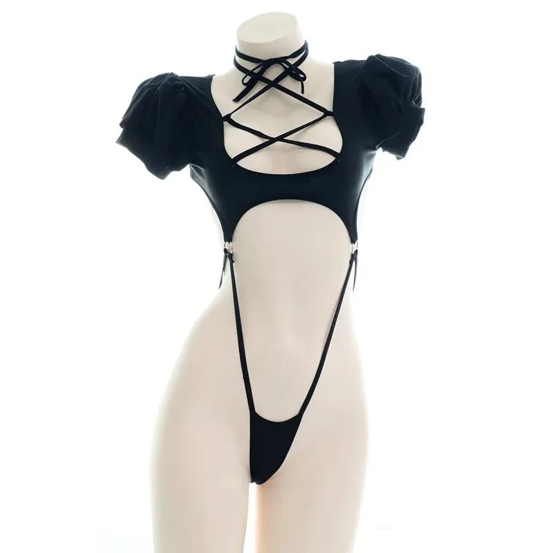 Anime Student Puff ärmel schwarz einteiligen Badeanzug Kostüm Kreuz gurte Bodysuit Bade bekleidung Uniform Pool Party Cosplay