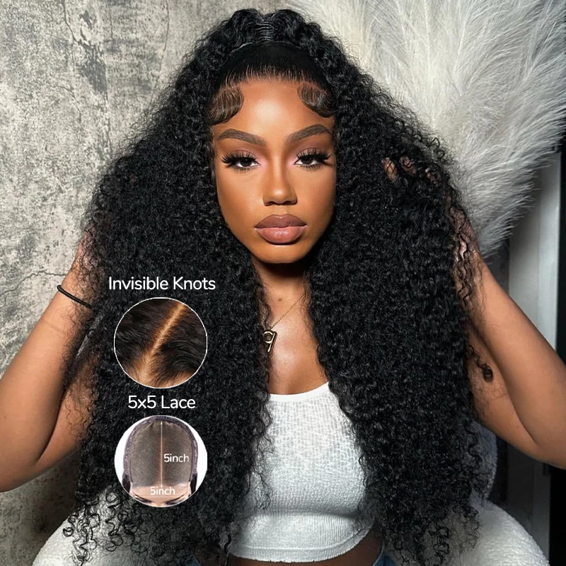 

Kinky Curly 5x5 Lace Closure Wig 180% Density Pre-bleached Human Wigs HD Lace Glueless Wig Human Hair Ready to Wear