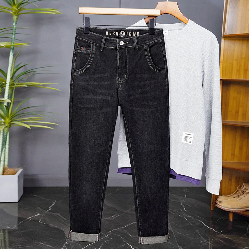 Male Denim Straight High Street Trousers Casual Men Fashion Elastic Waist Vintage Pant Spring Ripped Soft Stretch Slim Fit Jeans