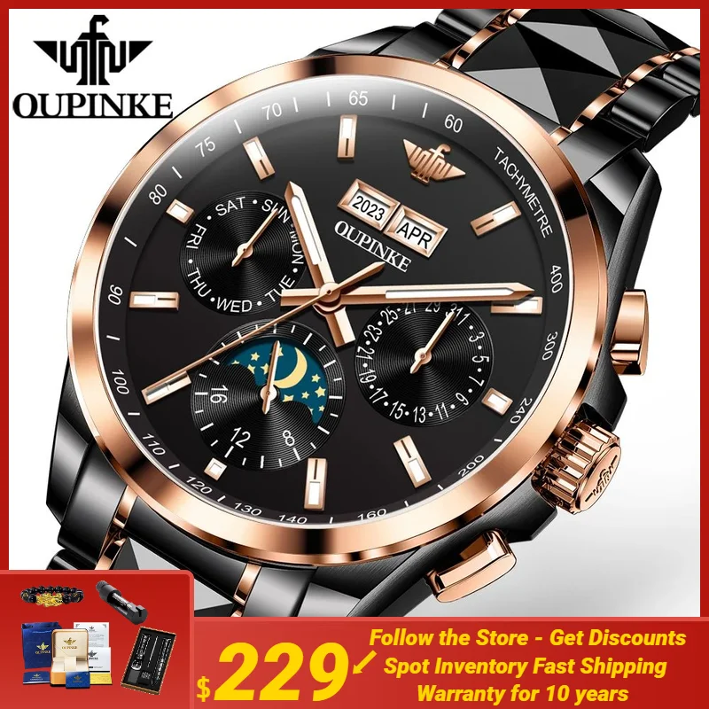 

OUPINKE Swiss Certification Automatic Mechanical Watch for Men Sapphire Mirror Chronograph Date Week Waterproof Man Wristwatch