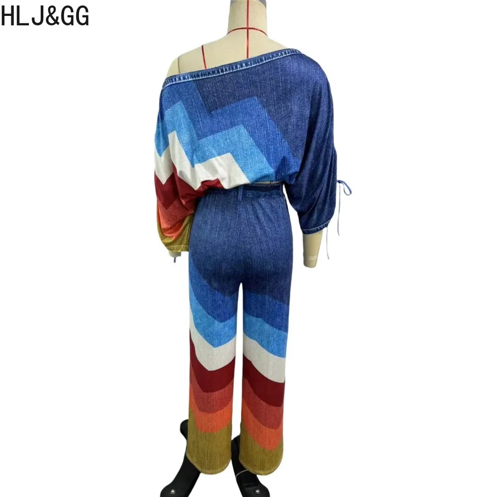 HLJ&GG Blue Elegant Lady Print Straight Pants Two Piece Sets Women One Shoulder Long Sleeve Crop Top And Pants Outfits Clothing