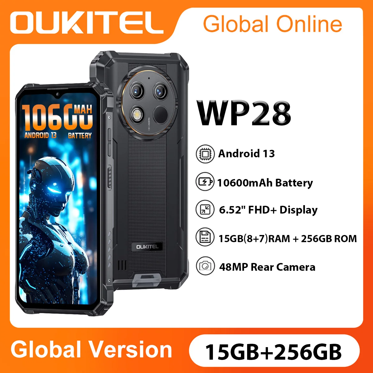 

Oukitel WP28 8GB+256GB Rugged Smartphones 6.52‘' HD+ 10600mAh Android 13 Mobile Phone 48MP Camera Cell phones NFC