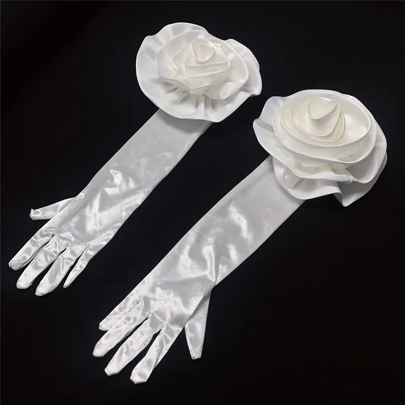 Women's Elegant White Flower Long Satin Glove Female Spring Autumn Vintage Driving Photograph Performance Glove R1692