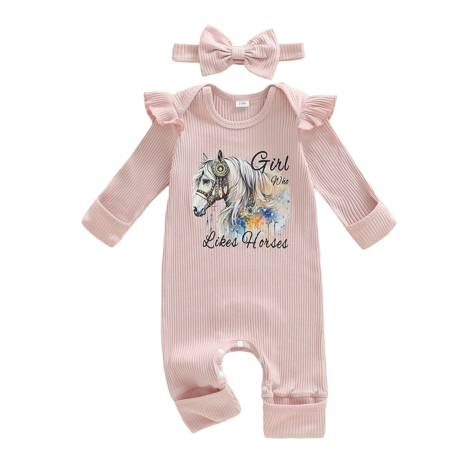 بدلة رومبير كاجوال للخريف للفتيات الصغيرات بأكمام طويلة ورقبة دائرية وطبعة حصان مع عصابة رأس