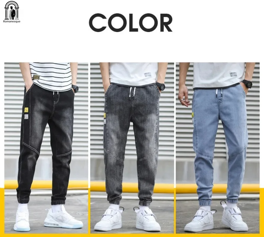 

Trendy Men's Casual Denim Joggers, Drawstring Waist Jeans with Patch Details & Tapered Legs for Daily Street Fashion M-5XL