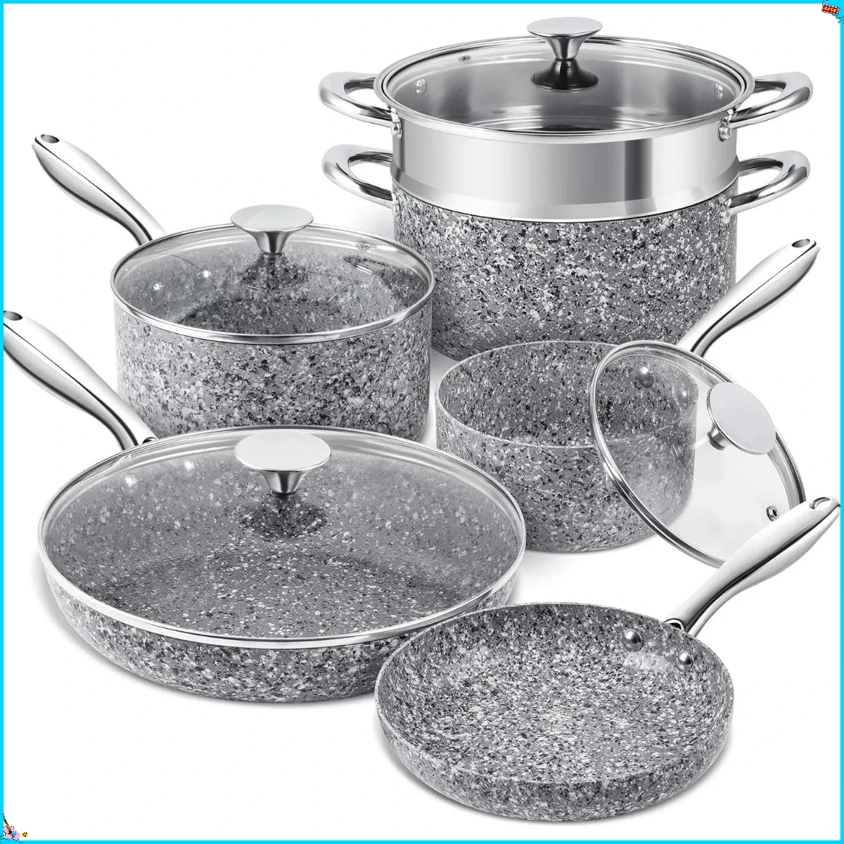 

Набор посуды с антипригарным покрытием из 10 предметов, покрытие из гранита и держима, не содержит PFOA и сейф для духовки