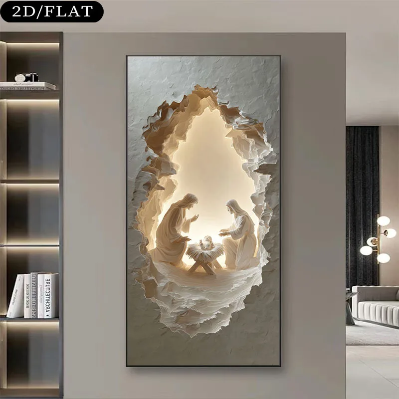 1pc frameless Canvas Painting 2D/Flat Large Nativity Scene Canvas Wall Art,UnFramed Religious Canvas Painting Decoration in Livi