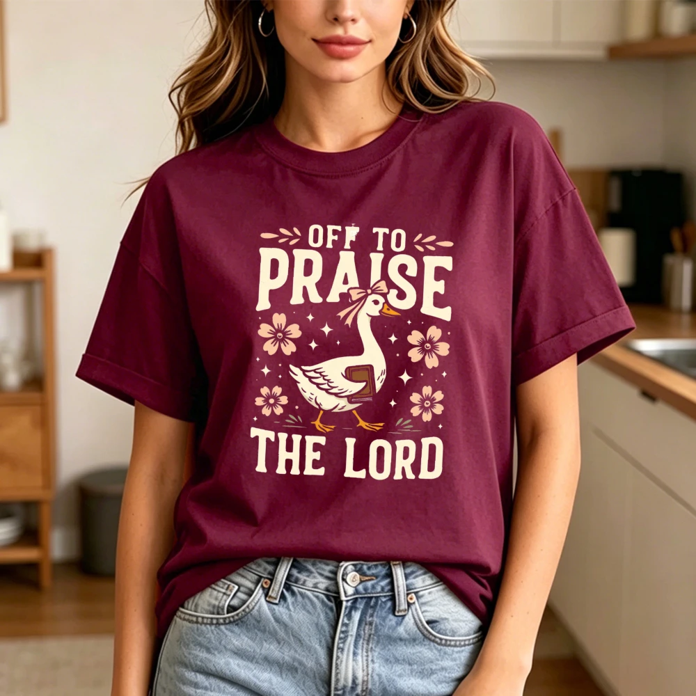 Off To Praise The Lord Cute Goose Christian Casual Graphic TShirt Cute Floral Christian Shirt Women Crewneck Cotton Short Sleeve
