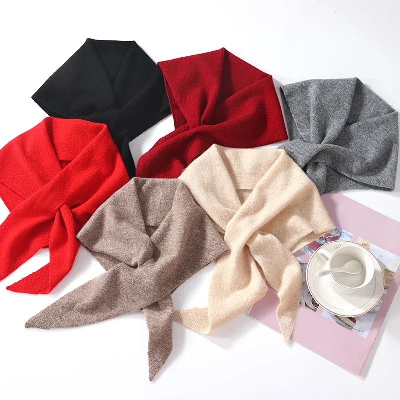 100% Wool Knitted Triangle Perforated Scarf Women's Soft Warm Cross Neck Wrap Fashion Mini Fake Collar  Woolen Neck Cover