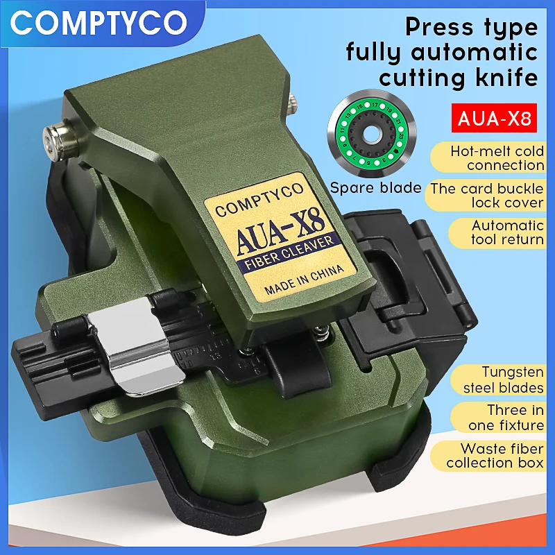 

COMPTYCO High Precision AUA-X8 Automatic Fiber Cleaver Cable Cutting FTTT Fiber Optic Knife Tools with Waste Fiber Box