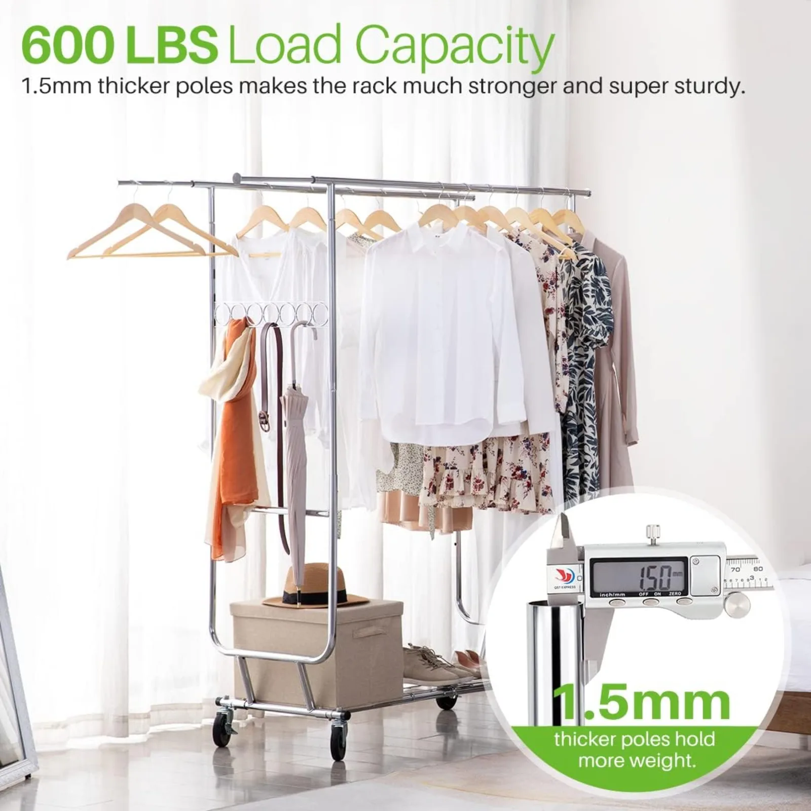 US Double Clothing Garment Rack with Shelves Capacity 600 lbs on Wheels Rolling Rack for Hanging Heavy Duty