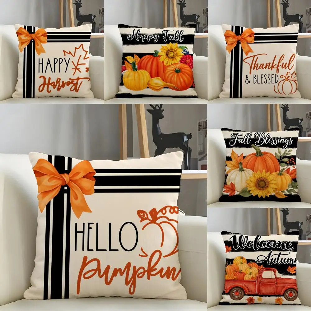 Pumpkin & Black Stripes Cushion Cover Natural Linen Pillow Case Organic Fabric Double Sided Print Sofa Home Decor Gift