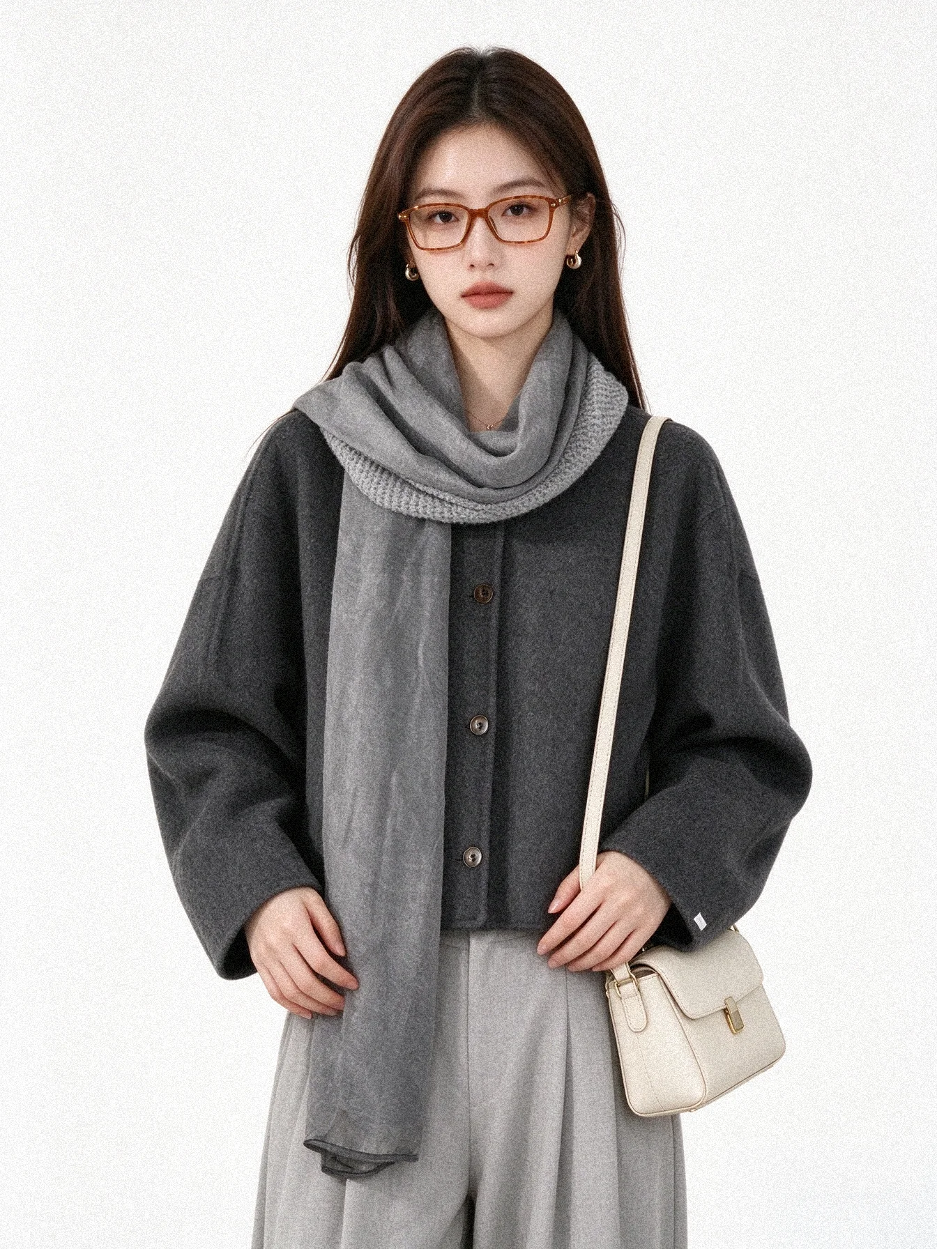 Autumn Winter Double-Faced Woolen Short Coat Casual Style round Neck Open-Closed Sleeve Long Warmth Straight Tube Female Jacket