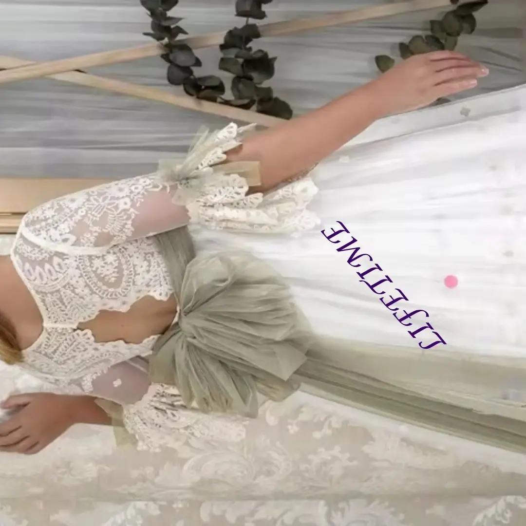 Customized vestidos de comunion 2026 A-line Lace Puffy Hem Crew Neck Flower Girl Dresses with Olive Green Belt
