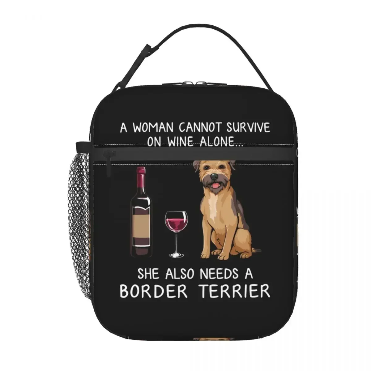 Border Terrier And Wine Funny Dog Thermal Insulated Lunch Bag Pet Puppy Lover Portable Lunch Tote for School Storage Food Box