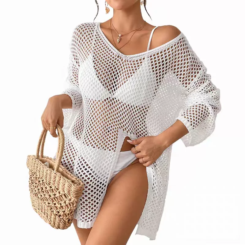 

Women's cross-border Amazon V-neck beach blouse European and American hollow side split personalized long-sleeved beach skirt
