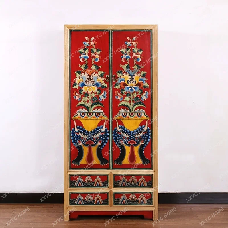 Solid wood retro hand-painted vertical cabinet bedroom storage hanging wardrobe