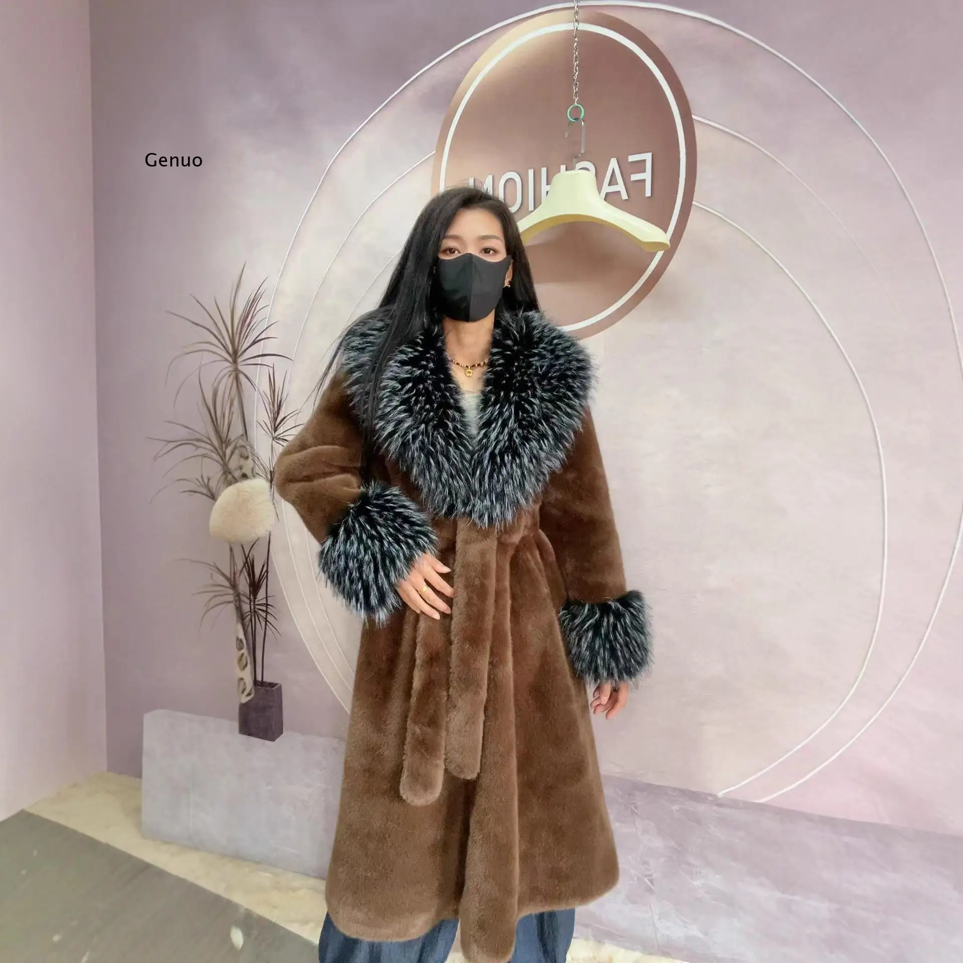 Women's Luxury Faux Mink Fur Premium Faux Shearling Leopard Print Long Coat Slim Fit Autumn Winter Outerwear