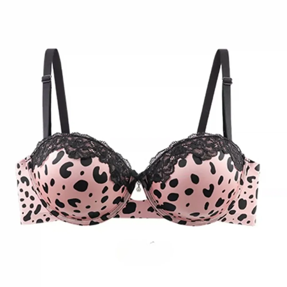 BANERDANNI Women Sexy Leopard Lace Bra French Style Soft Comfortable Padded Push‑Up Bra For Small Bust No Empty Cup 32‑38AB Bra