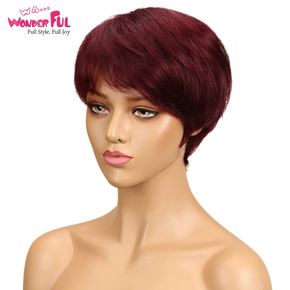 Wonderful Red Burgundy 99J Color Short Bob Pixie Cut Wig With Bangs Straight Remy Human Hair Wigs For Women Machine Made Wigs