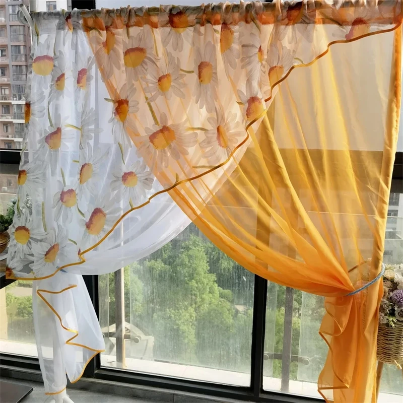 Pastoral Orange Yellow Kitchen Design Short Sheer Tulle Curtain For Balcony Living Room Door Window Partition Voile Half Drapes